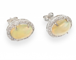 Gold Earrings Rainbow opals with Diamonds