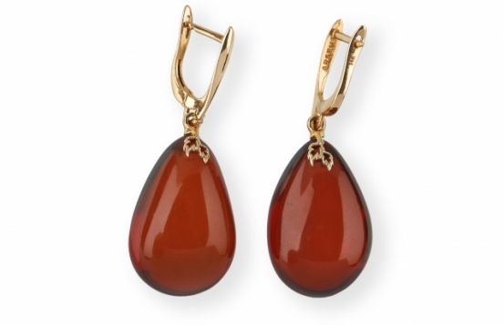 Gold Earrings Cherry Amber 17 x 27 mm