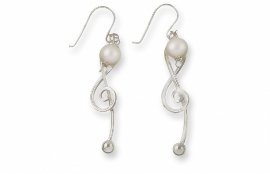 Silver Earrings Treble clef with Pearls