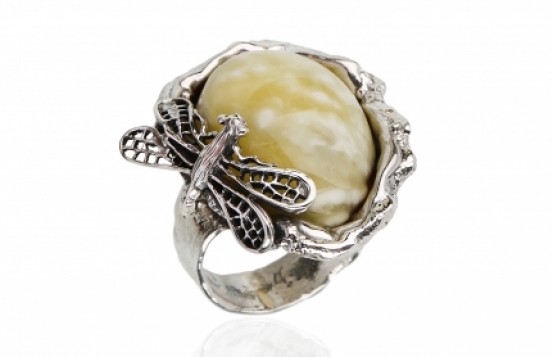 Silver Ring Dragonfly - Baltic Amber 20 x 26 mm