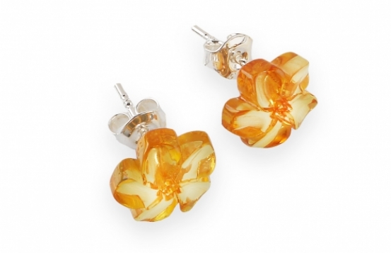 Silver Earrings Amber Flower