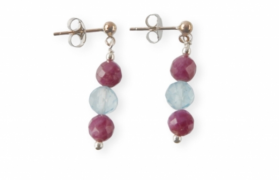 Silver Earrings Ruby & Aquamarine 6 mm