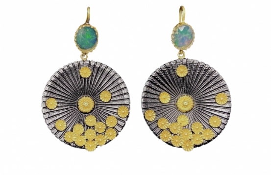 Silver Earrings Golden Sun with Opals