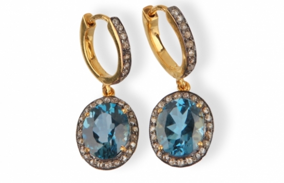 Yellow Gold Earrings Blue Topaz & Diamonds