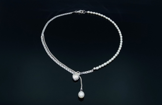 Silver Pearl Necklace Love Heart