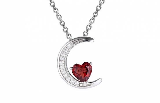 Silver Pendant Garnet Love Heart on the moon