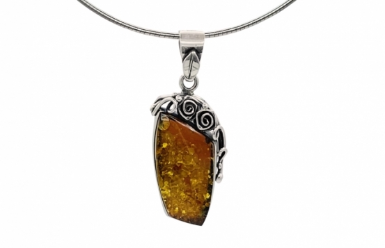 Silver Pendant Baltic Amber & two Roses