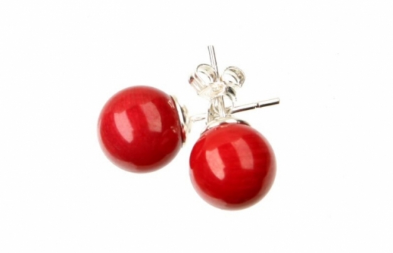 Silver Earrings Red Coral 10 mm