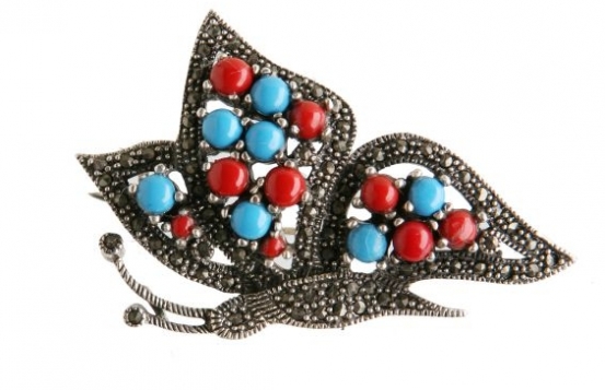 Silver brooch BUTTERFLY with Coral and Turquoise