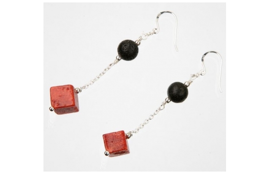 Silver Earrings with Coral and Onyx
