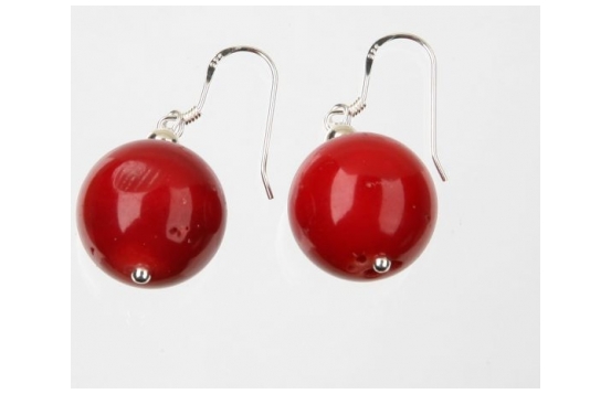 Silver hanging Earrings Red Coral 12 mm