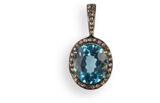 Gold Victorian Pendant with Blue Topaz & Diamonds