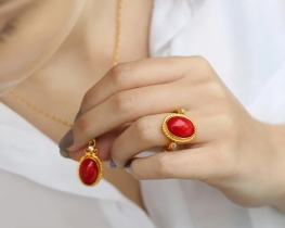 Silver set with Coral - Ring & Pendant with Chain