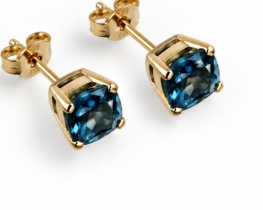 Gold Earrings Blue Topaz LONDON BLUE 6 x 6 mm