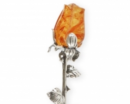 Silver Brooch Baltic Amber carved Rose 