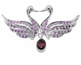 Pair of Swans Silver Brooch - Rubies