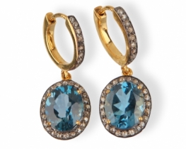 Yellow Gold Earrings Blue Topaz & Diamonds