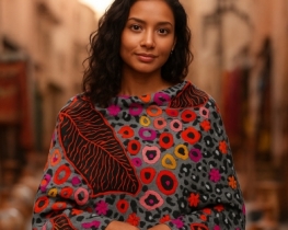 Šal vezeni Jamawar EX - črn, roza rdeč