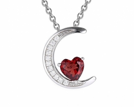 Silver Pendant Garnet Love Heart on the moon