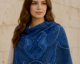 Šal volneni JAMAWAR – Moder in sivo moder