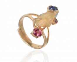 Pozlačen prstan Kalejdoskop– Opal, Rubin in Modri Safir