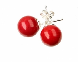 Silver Earrings Red Coral 10 mm