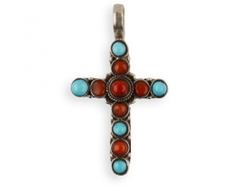 Silver Pendant Cross - Coral & Turquoise