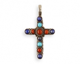 Silver Pendant Cross - Lapis, Coral & Turquoise