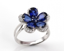 Silver Ring BLUE FLOWER With Blue Sapphire And Cubic Zirconia