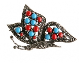 Silver brooch BUTTERFLY with Coral and Turquoise