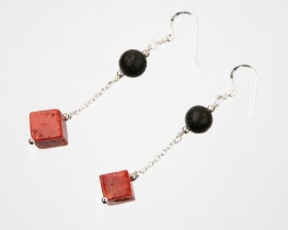 Silver Earrings with Coral and Onyx