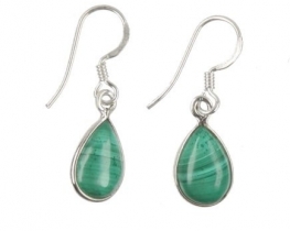 Silver Earrings Malachite Teardrop 7 x 10 mm