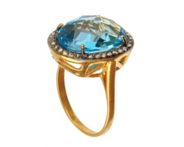 Gold Ring Blue Topaz & Diamonds