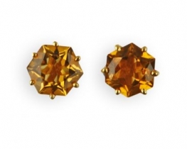 Gold Earrings Cognac Citrine Heksagon 8 mm
