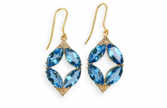 Gold Earrings Blue topaz and Diamonds MOSAIC 