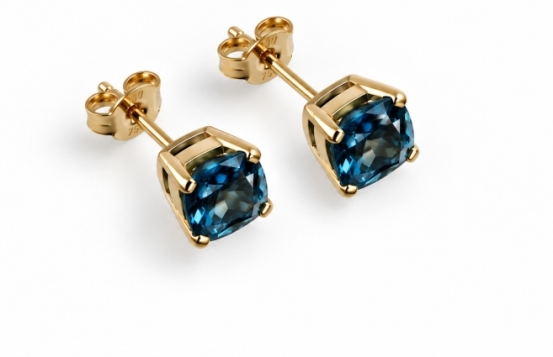 Gold Earrings Blue Topaz LONDON BLUE 6 x 6 mm
