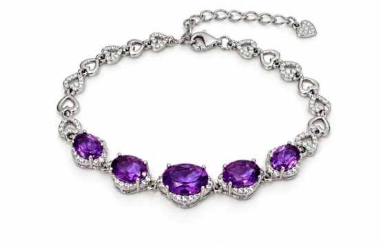 Silver Bracelet Amethyst Love Heart