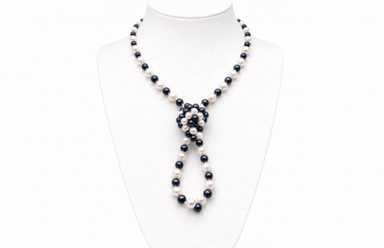 Dolga biserna ogrlica Črno-Bela 165 cm