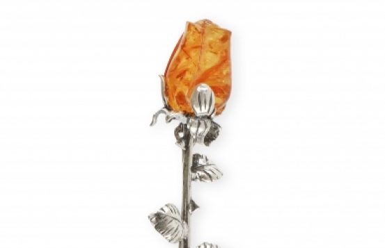 Silver Brooch Baltic Amber carved Rose