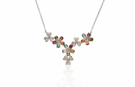 Silver Necklace Tourmaline Flower garden
