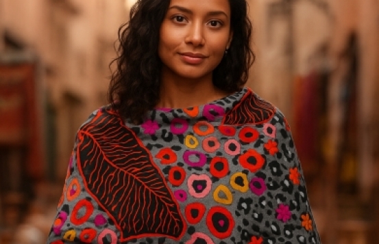 Šal vezeni Jamawar EX - črn, roza rdeč