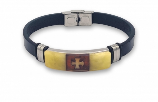 Amber Bracelet Maltese Cross on Leather 