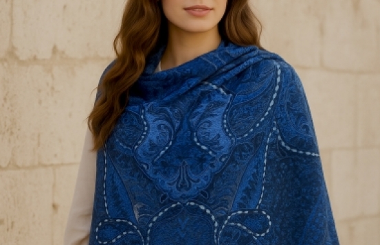 Šal volneni JAMAWAR – Moder in sivo moder