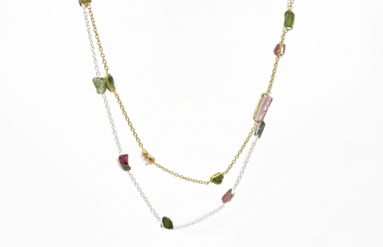 Necklace Tourmaline Watermelon 50 cm - Silver & Gold Vermeil