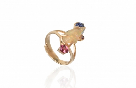 Pozlačen prstan Kalejdoskop– Opal, Rubin in Modri Safir
