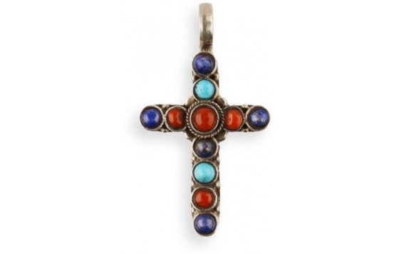 Silver Pendant Cross - Lapis, Coral & Turquoise