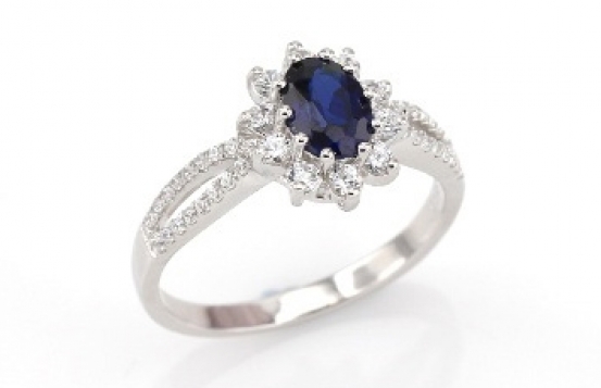 Silver Ring LOVE BEAM With Blue Sapphire and Cubic Zirconia
