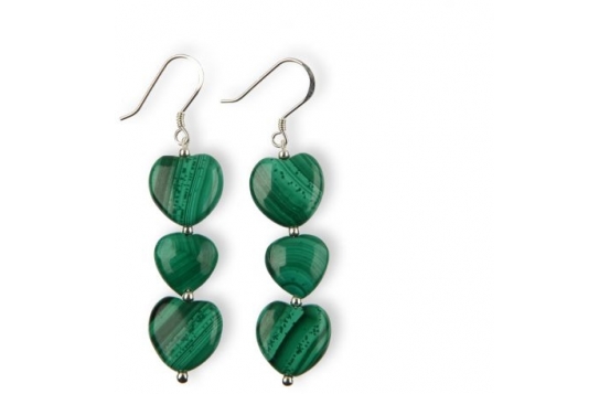 Srebrni uhani MALAHIT TRI SRCA