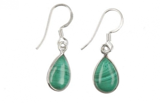 Silver Earrings Malachite Teardrop 7 x 10 mm