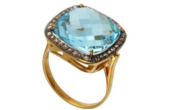 Zlat viktorijanski prstan Love Pillow modri topaz z diamanti